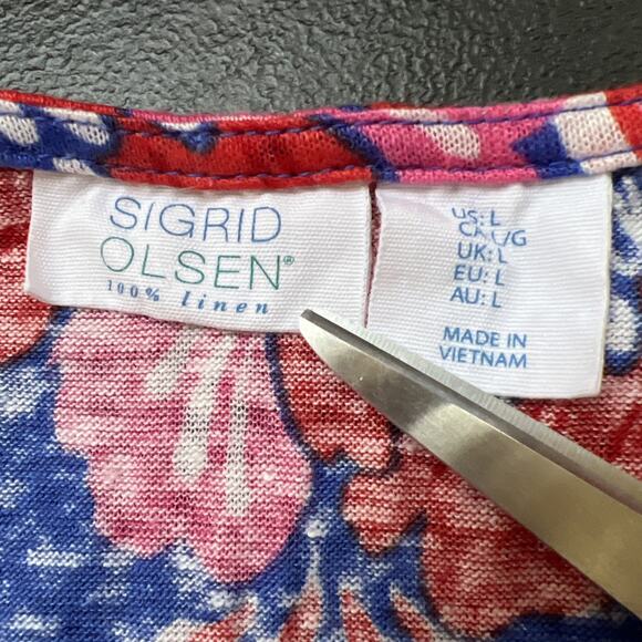 Sigrid Olsen Top Large Floral Linen Knit Lightweight Tee Tropical Pink Red Blue - Picture 6 of 8